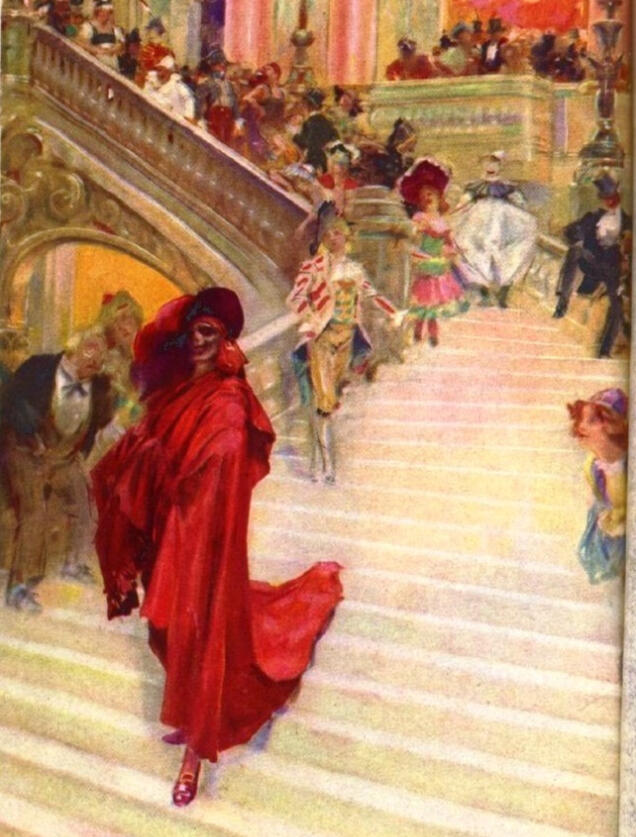 A watercolour illustration of The Phantom of the Opera by Gaston Leroux. Art by André Castaigne — http://litteranet.blogspot.fr/2010/11/le-fantome-de-lopera-lhydre-au-destin.html, public domain, https://commons.wikimedia.org/w/index.php?curid=46897785