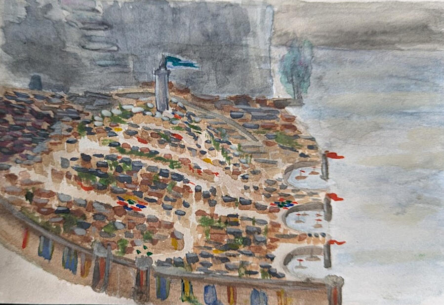A watercolour painted view of the fictional city of Beg Ar Rest from above, showing its harbour, the Prodigy Pillar on top of its central hill, and the Sundering Cliffs beyond. Art by C. K. Pidgeon.